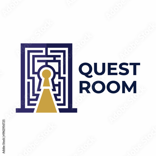 A unique and creative logo for a quest room, featuring a labyrinth with a keyhole, symbolizing adventure, mystery, and problem-solving in an engaging and playful manner.