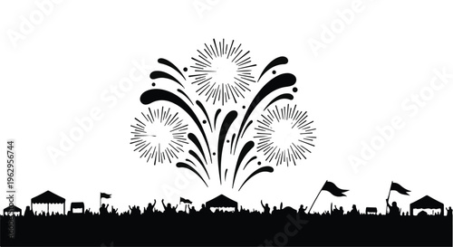 Fireworks explode above a silhouetted crowd gathered with tents and flags at a festive.
