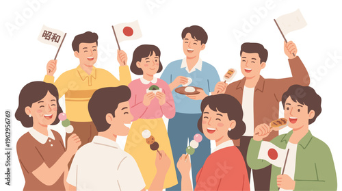 Japanese People Enjoying Traditional Snacks and Culture with Flags