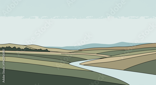 A stylized landscape illustration with rolling hills and a winding river