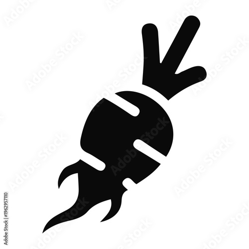 A black silhouette illustration of a bound figure making a peace sign while falling