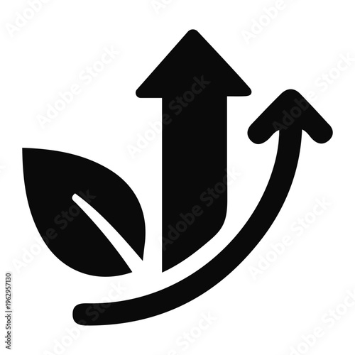 A stylized illustration of a leaf with two arrows pointing upwards.