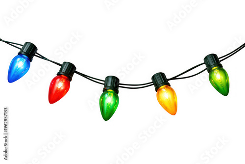 String of colorful light bulbs, christmas decoration lights as isolated on transparent background