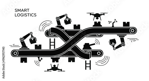 Automated logistics system with drones and robotic arms on conveyor belts.