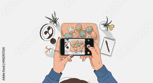 Illustration of a person taking a photo of a plate of food with a smartphone surrounded by kitchen utensils and a notebook on a white background.