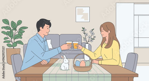 A man and woman sitting at a dining table in a cozy living room, clinking cups of coffee together in a warm and intimate setting.