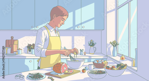 Young woman preparing a salad in a modern kitchen with natural light, wearing a yellow apron and white shirt, surrounded by bowls and utensils.
