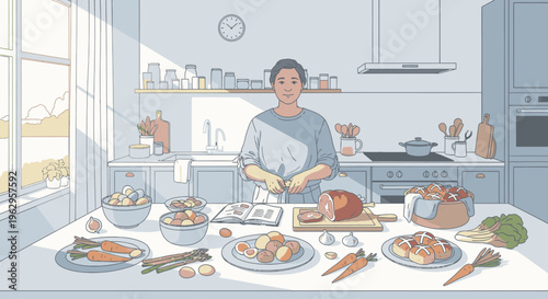 Woman preparing food in a kitchen with various dishes on the counter and a window in the background with natural light.