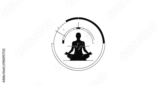 Meditating person silhouette is surrounded by abstract digital interface elements.