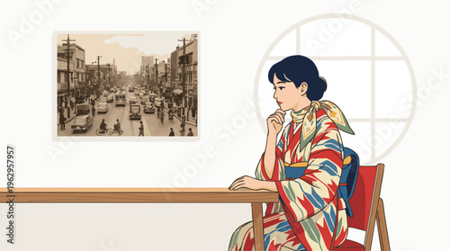 Japanese Woman in Kimono Thoughtfully Gazing at Vintage City Scene Artwork