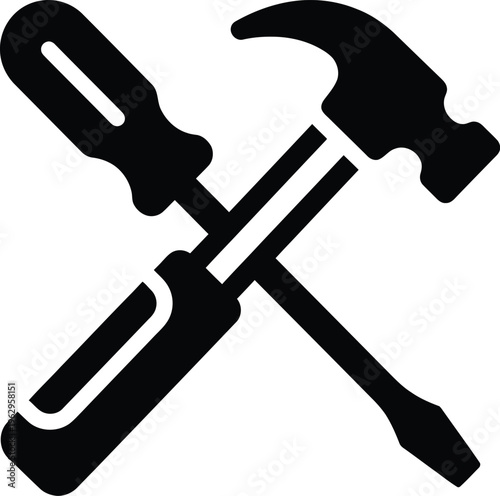 Screwdriver and Hammer Crossed Icon ? Black Tools Symbol Vector.eps