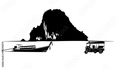 Khao Phing Kan island silhouette Thailand James Bond rock boat tuk tuk black and white vector illustration isolated on white