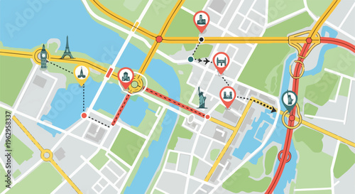 A stylized map showcasing various landmarks, travel routes, and waypoints