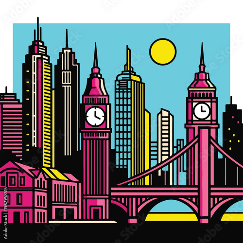 A stylized cityscape in a pop art style with vibrant colors and bold lines