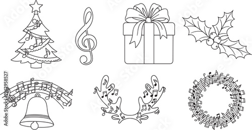 Set of Christmas music line icons featuring tree gift bell and wreath with musical notes isolated on white background for holiday coloring book