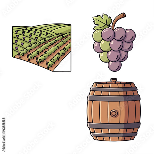 Illustrated Icons of Vineyard, Grapes, and Wine Barrel representing wine production and agriculture