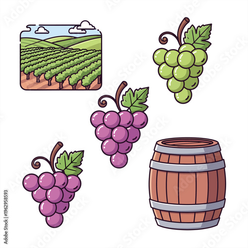 Flat vector icon set vineyard, green grapes, purple grapes, and a wine barrel. Representing viticulture, harvest, and winemaking for agriculture and beverage designs