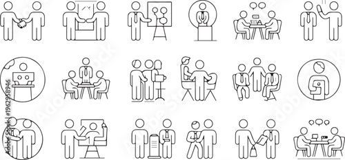 Business People Icons, Teamwork Symbols, Line Style, 25 Vector Graphics