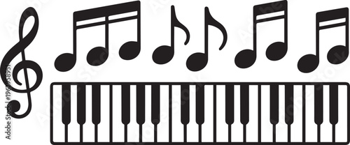 Music notes, piano keys, treble clef, black and white vector illustration, musical symbols