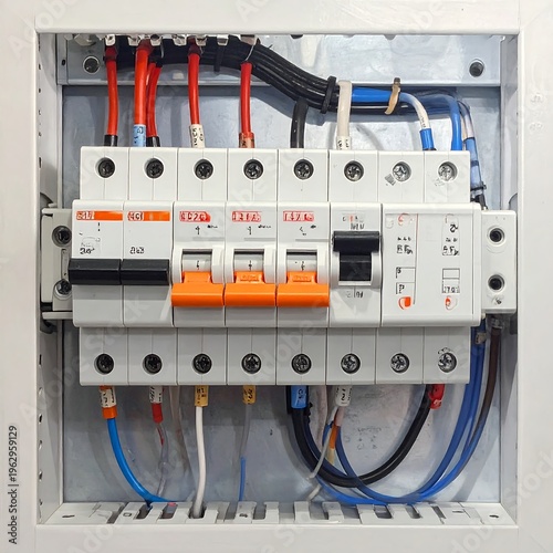 Electrical circuit breaker panel with wires and switches (1)