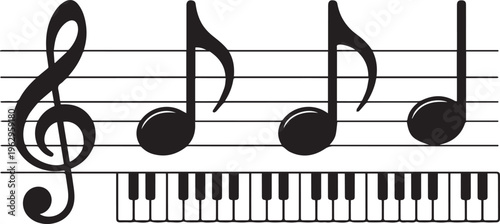 Music notes, treble clef, piano keyboard, black and white vector illustration, musical symbols