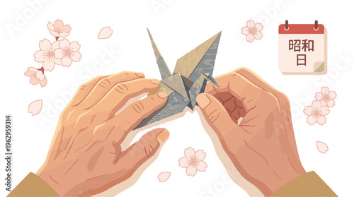 Origami Crane Folding by Hands with Sakura Flowers and Japanese Calendar
