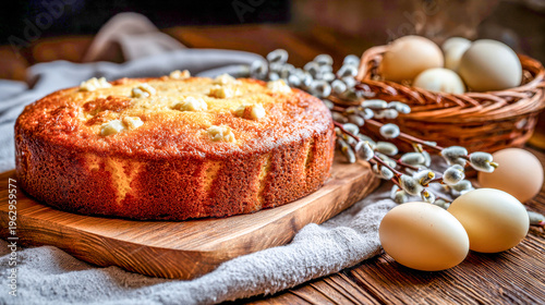 Delicious cake resting on a wooden board with fresh ingredients and decorative elements in a cozy kitchen setting