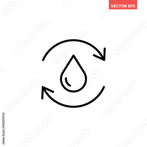 Single black round liquid drip recycle line icon, simple planet water protection flat design pictogram concept for app ads logo web button ui interface elements, vector isolated on white background