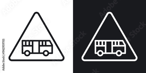 Tramway caution traffic sign set in black and white stroke lines