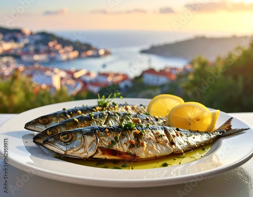 Grilled fish on a plate with lemon slices overlooking a coastal town