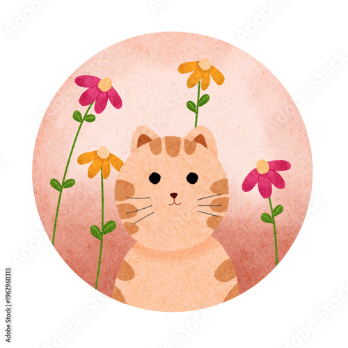 Hand drawn cute cat illustration with flower in round frame on the transparent background 