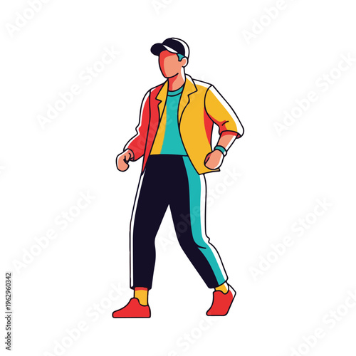 A stylized person walking with colorful clothing