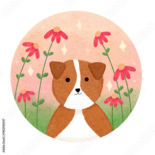 Hand drawn cute dog illustration with flower in round frame on the transparent background 
