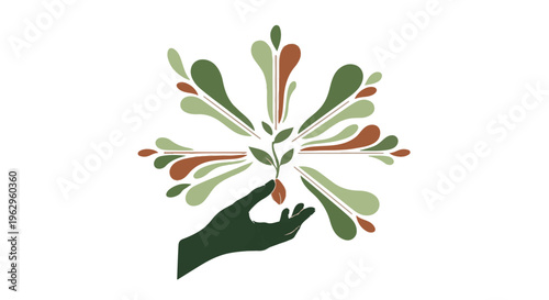 A dark hand gently supports a central green sprout surrounded by abstract colorful leaf shapes indicating growth.