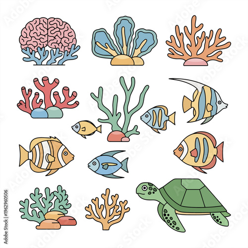 Vibrant vector illustrations of marine life, showcasing diverse coral, tropical fish, and a sea turtle. Perfect for aquatic ecosystem themes