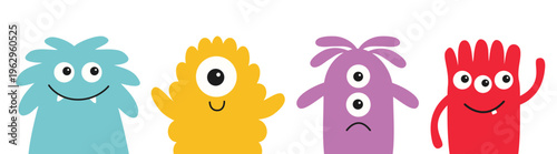 Monster set line. Happy Halloween. Cute cartoon funny character. Colorful silhouette monsters. Kawaii face with teeth, horns, eyes, hands. Childish baby collection. Flat design. White background. Vect