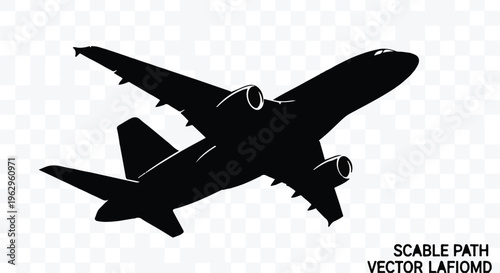 Airplane silhouette ascends against a transparent background, showing twin engines and swept wings.