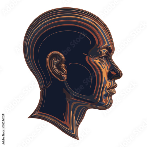 A stylized profile of a human head, layered with different colors