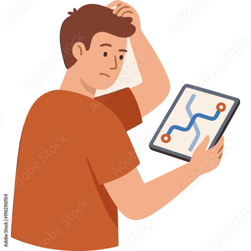 Man holding tablet with confused expression looking at map on screen