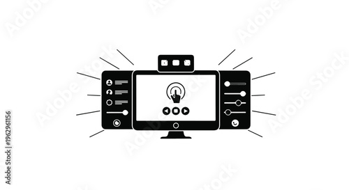 Computer monitor displays a central interactive interface with side control panels and radiating light elements.