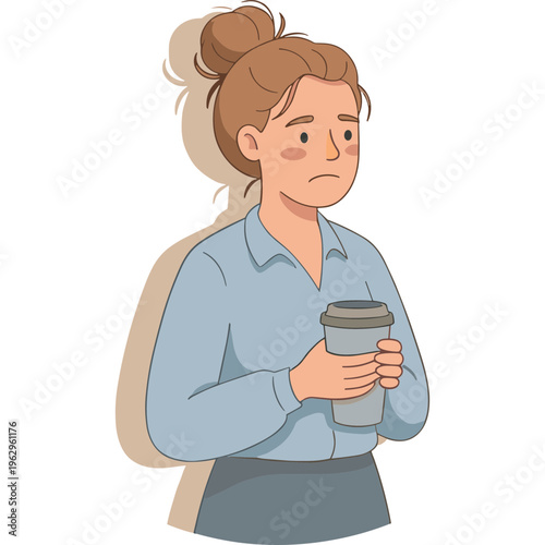 A worried woman holds a coffee cup while carrying a backpack.
