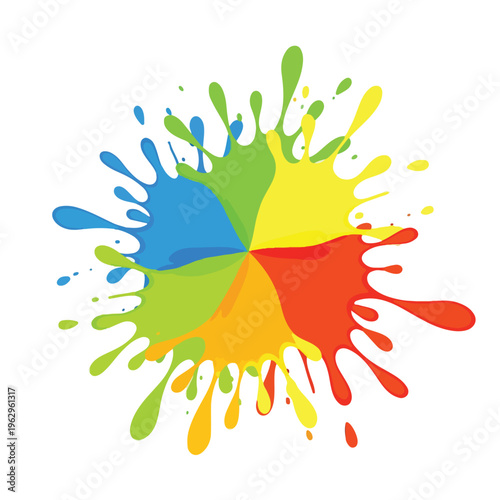 A stylized splash of colorful paint radiating outwards from the center