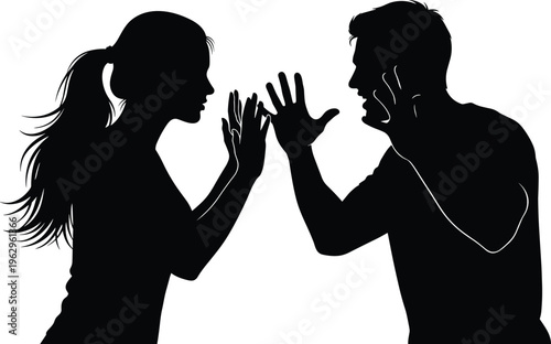 angry couple arguing silhouette, relationship conflict concept, domestic dispute scene, emotional tension, communication breakdown, cad drawing flat vector illustration