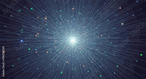 A vibrant digital explosion of data lines and glowing particles illustrates the immense power of artificial intelligence and global connectivity.