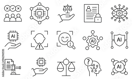 AI ethics icons. Containing fairness, bias control, ai safety, data privacy, transparency, compliance, trusted ai guidelines, artificial intelligence, fairness, explainable AI, transparency and more.
