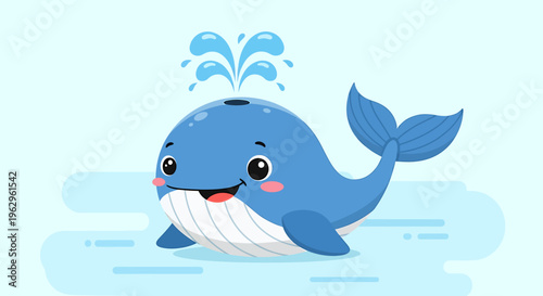 A cartoon blue whale in water.