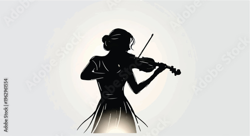 Woman silhouette plays the violin with a bright circular light illuminating her performance against a light background.