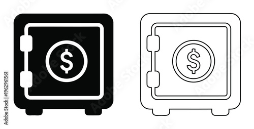 Bank safe box icon set with dollar coin symbol representing financial security and wealth protection | black silhouette and line art version