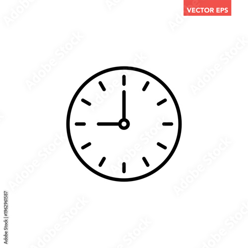 Black single round time clock icon, simple 9 am or pm clock flat design vector pictogram, infographic vector for app logo web website button ui ux interface elements isolated on white background