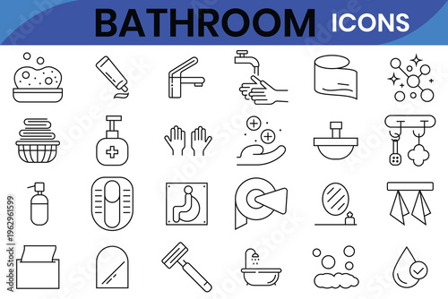 Bathroom icons. Bathroom web line icon set. Shower, bath, toilet, bidet, mirror, water tap. Laundry and garbage basket. Cosmetics shampoo comb cream. Toilet paper napkins